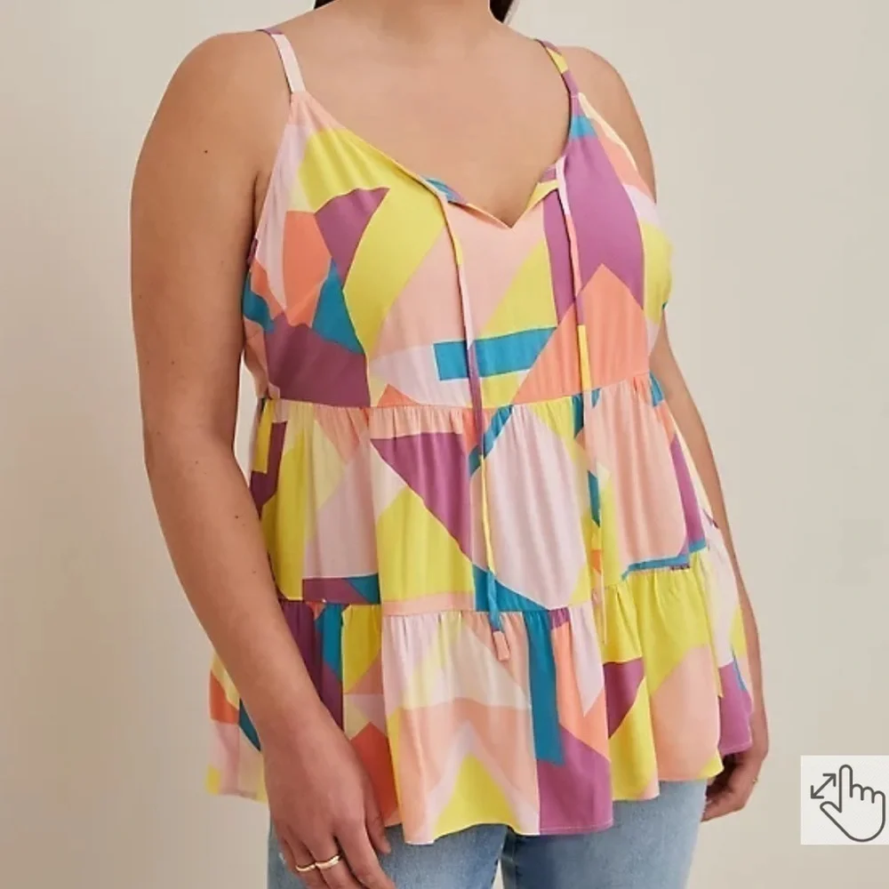 Torrid Challis Tiered Tie-Front Cami Bright Geometric Print 0X - Picture 3 of 13